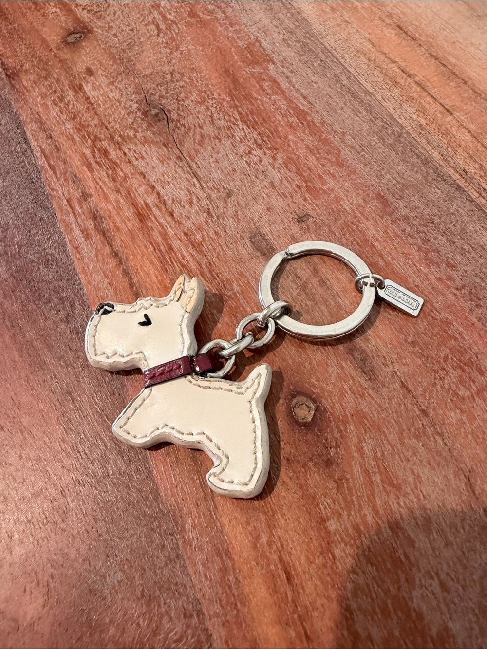 Coach Cream Scottie Dog Keyring with Burgundy Collar